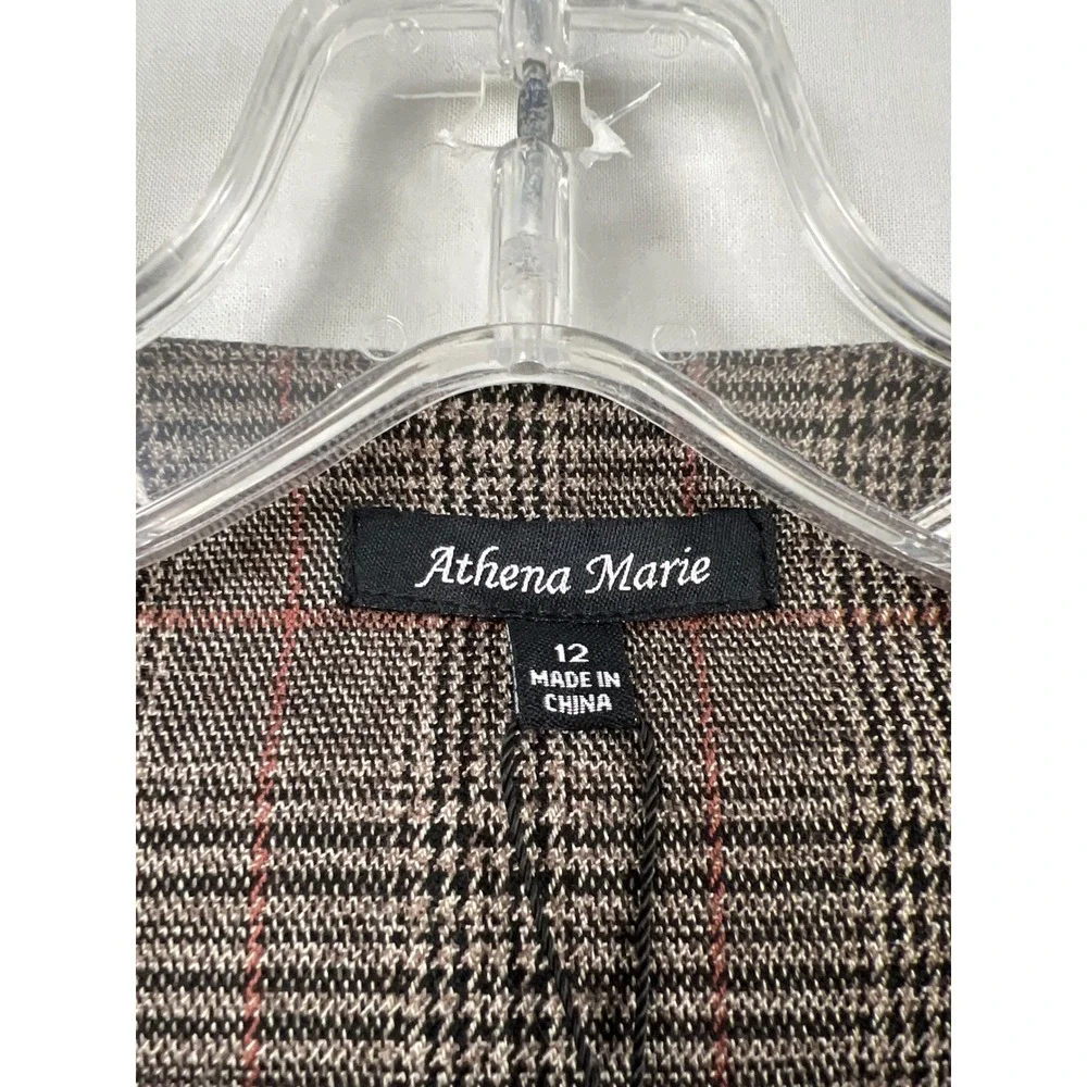 Athena Marie Plaid Blazer Women 12 Brown Gold Turn Lock Collarless Jacket NEW